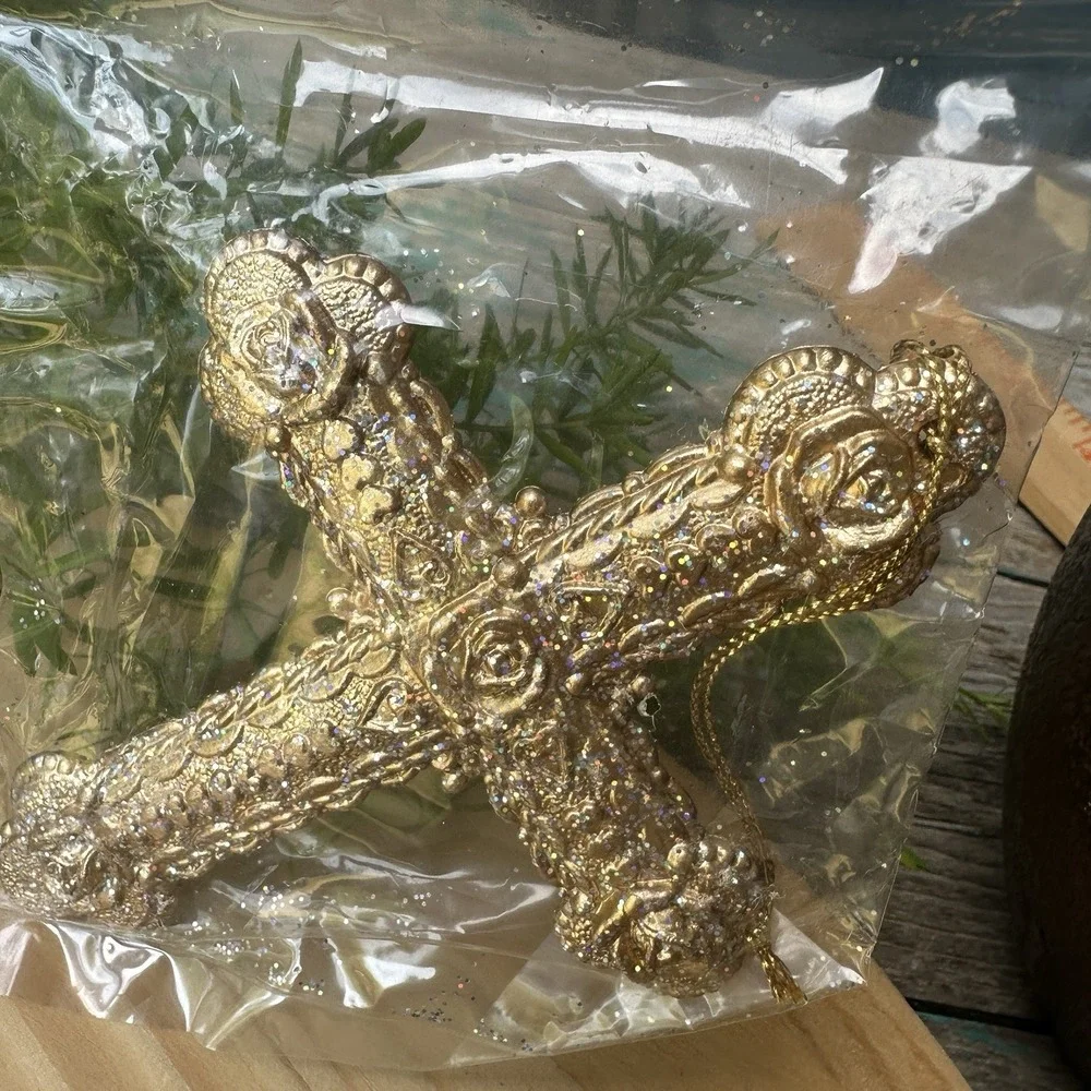 VTG Roman Inc Dimensional Cross Christmas‎ Holiday Ornaments Gold Tone Set Of 5